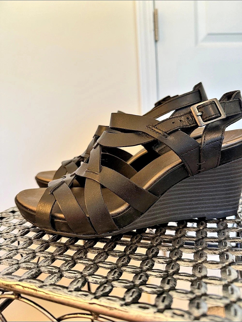 Clarks Black Strappy Wedge Sandals